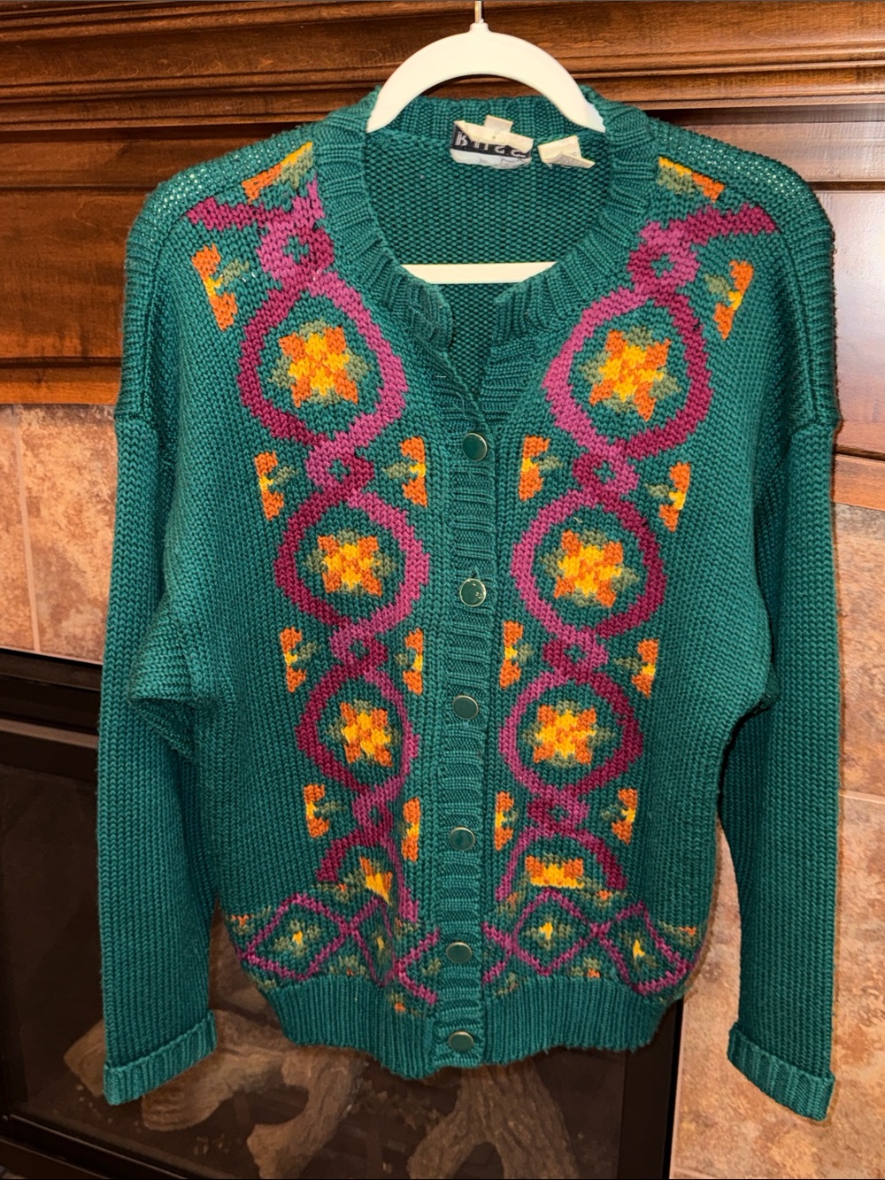 Vintage green fair isle nordic style folk 80s wool blend cardigan sweater boho M